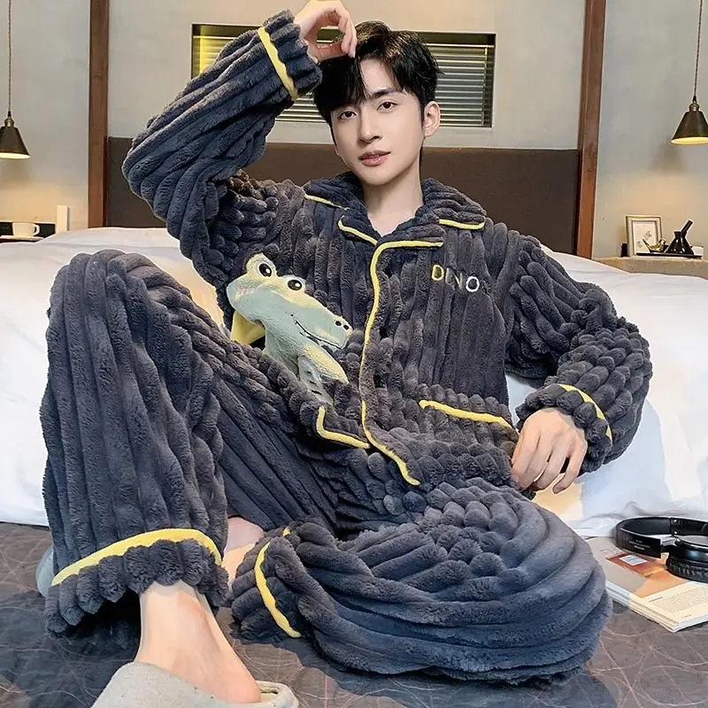 Men Coral Velvet Pajamas Winter Men Fleece-lined Thickened Thermal Flannel Homewear Youth Cartoon Casual Nightclothes Suit 2024