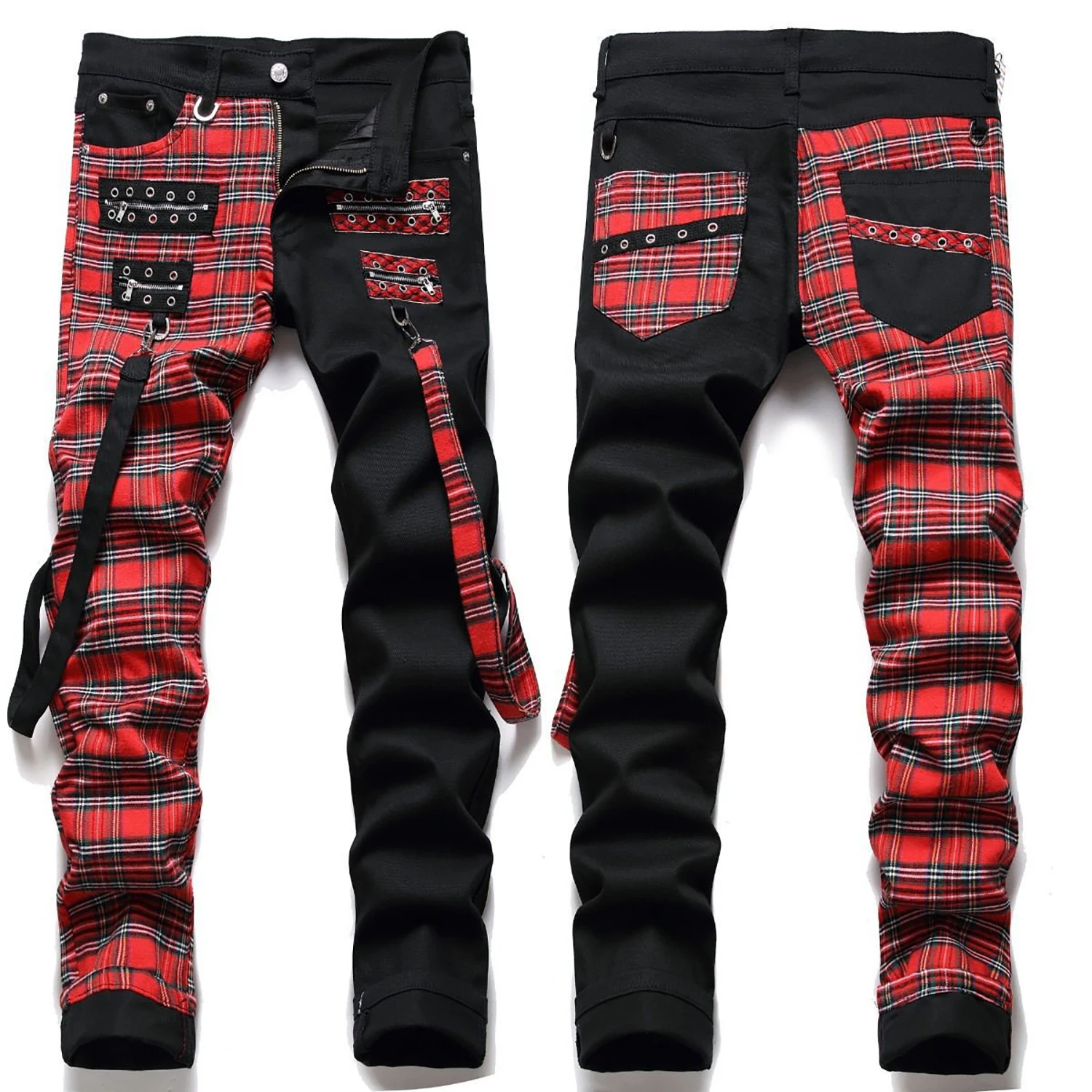 

Luxury Light Men's Color Contrast Denim Pants Street Fashion Strap Decors Jeans Classic Slim-fit Hip Hop Style Long Trousers;