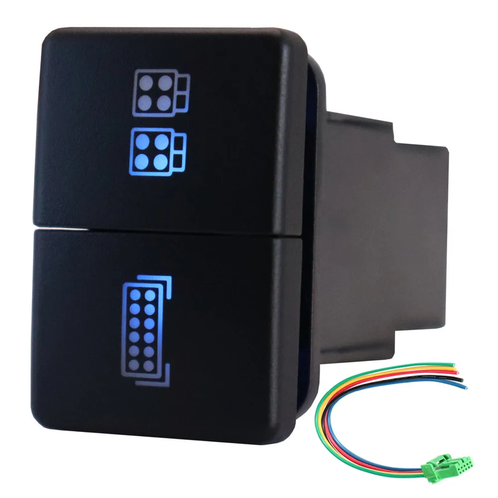 

12V Led Light Bar Works Lights Dual Push Button Switch ON-Off Blue/Green Backlit 32.5mm X 22mm for Toyota, with Connector Wire