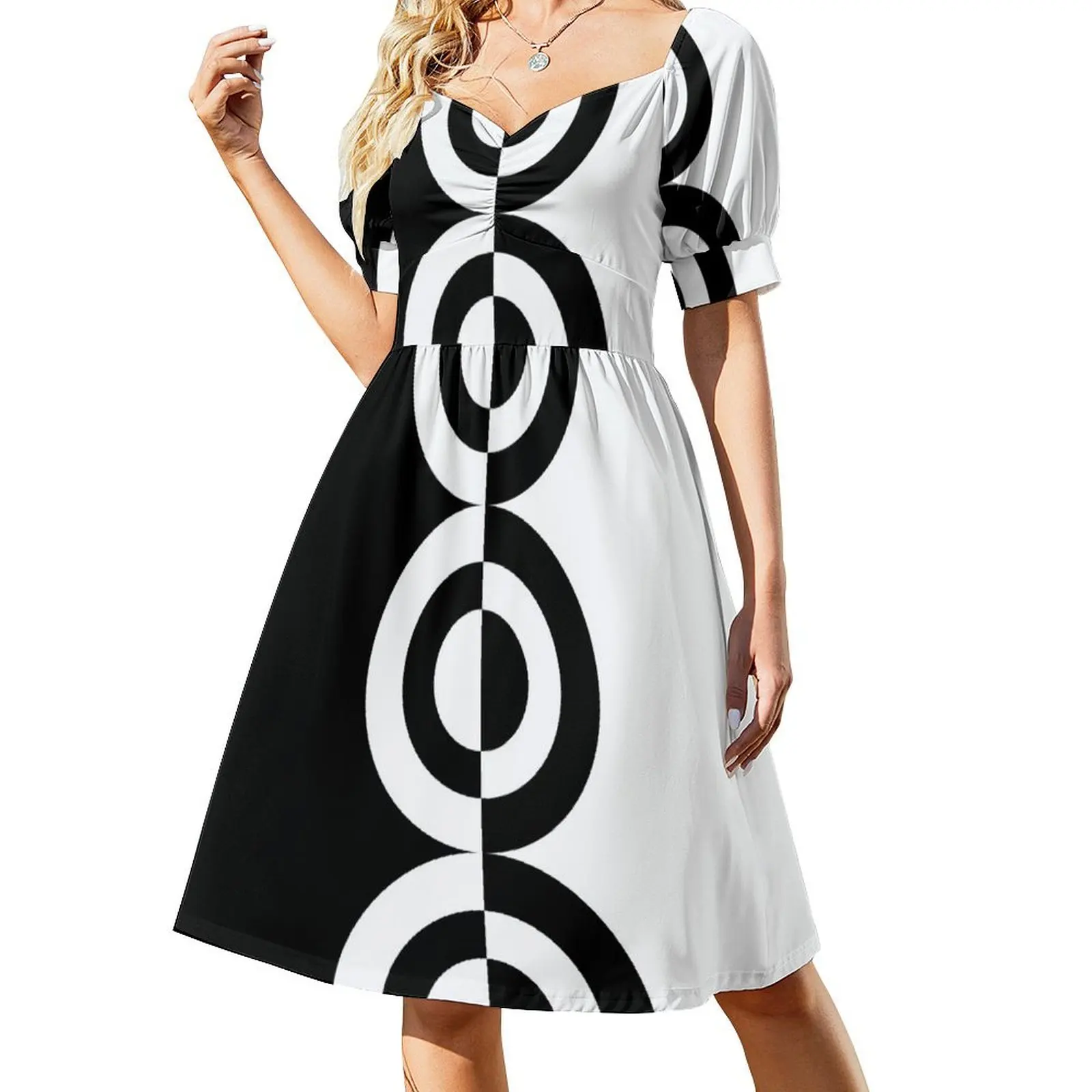 thumbnail image 1 of Vestido retro de los años sesenta con círculos en contraste de manga corta, vestido de mujer, vestido para mujer, vestido de fiesta., 1 of 7