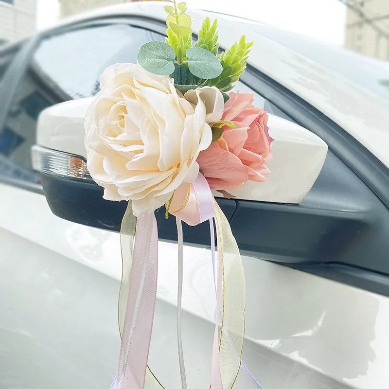 4 Decorazioni Per Auto Da Matrimonio Con Fiori Finti: Fiocchi In Seta E Poliestere, Grigio/rosa/champagne, 41x30 Cm - 2