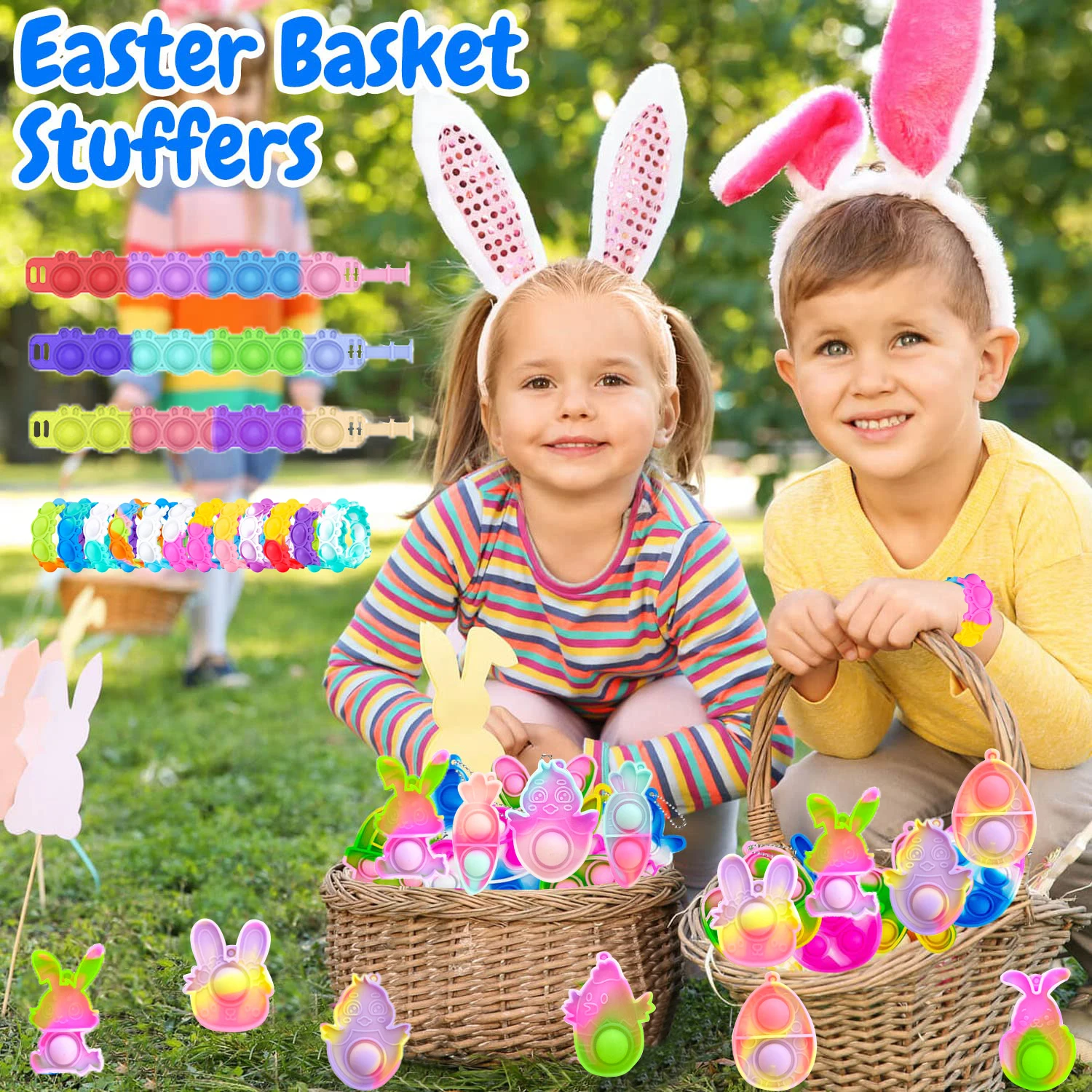 Fidget Toys 12-144Pcs Bunny Pop Bracelets Fidget Toy Rabbit Easter Day Gift for Kid Stress Relief Wristband Silicone Bracelet Birthday Favor