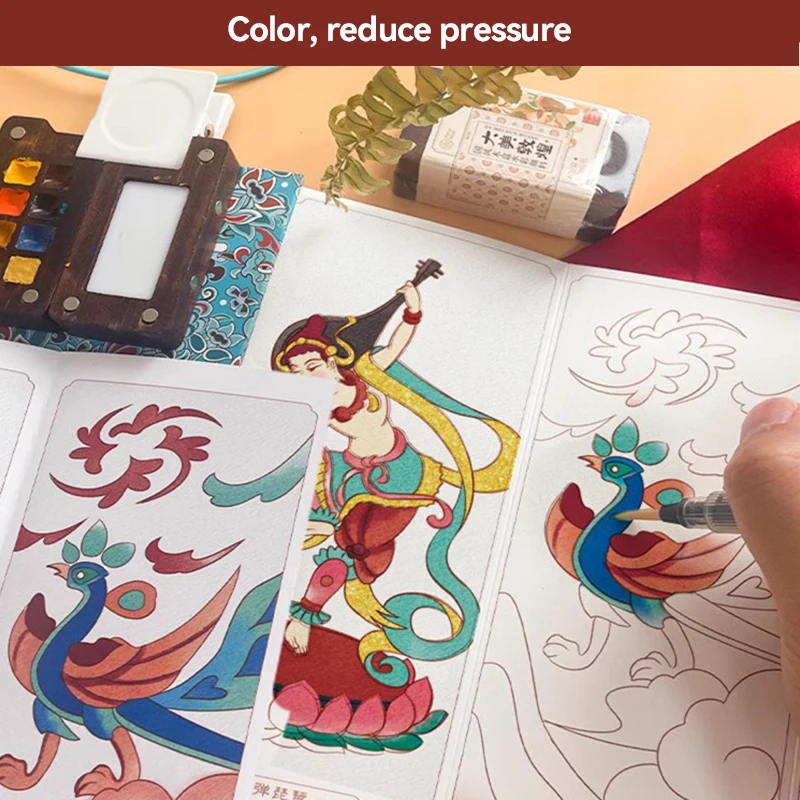 Libro di pittura ad acquerello Blocco da disegno piegato ad acquerello in stile cinese Libro da colorare per organo con pennello Carta per graffiti a guazzo - immagine 5