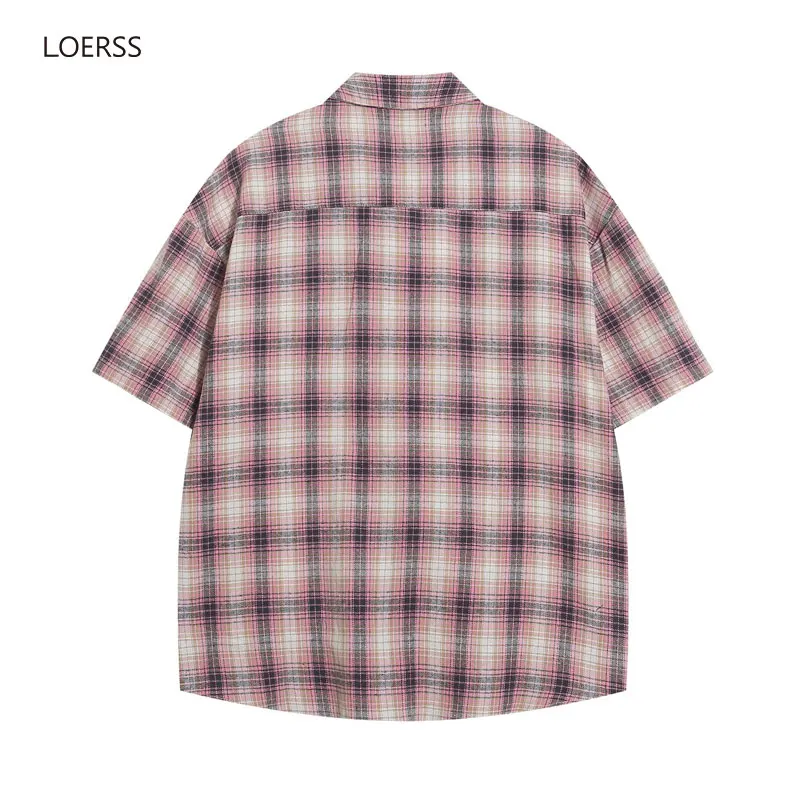 LOERSS Figure Embroidery Shirt Vintage Lattice Short Shirt Summer American Men and Women Shirts Loose Casual Couple Short Tops