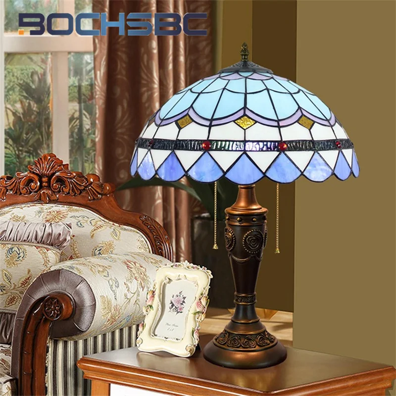 

BOCHSBC Tiffany Mediterranean style stained glass table lamp art deco living room dining room study bedroom bedside gift lamp