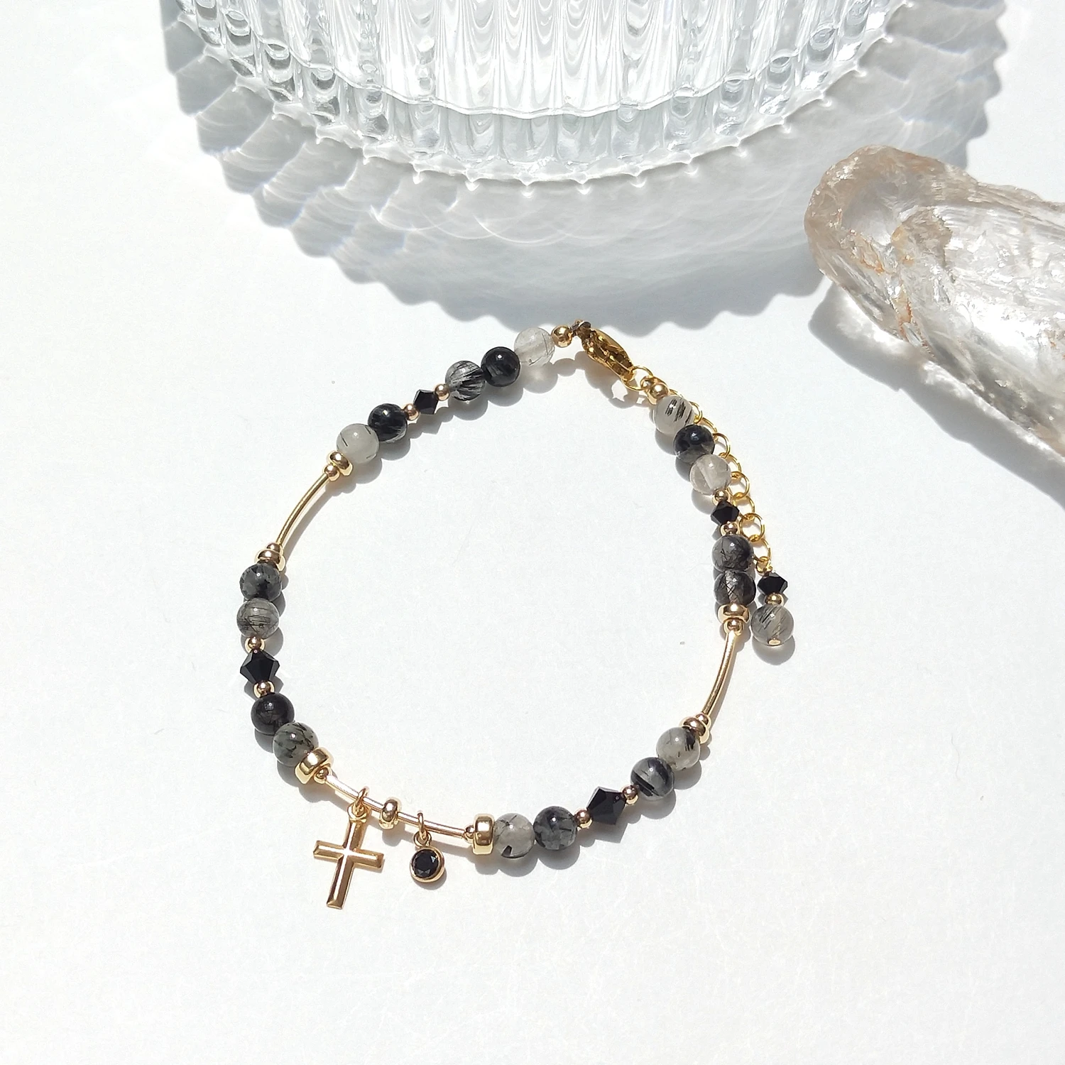 

Lii Ji Natural Black Tourmaline Quartz 4mm American 14K Gold Filled Charms Handmade Bracelet 17+3cm