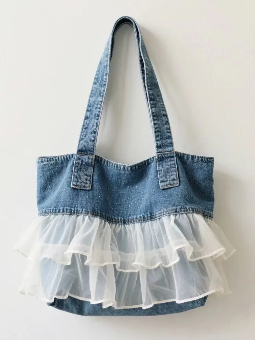 JIAERDI Large Capacity Sweet Denim Lace Shoulder Bags Women Fairy Core Tote Bag Handbag Female Fashionable Y2k Bag Aesthetic