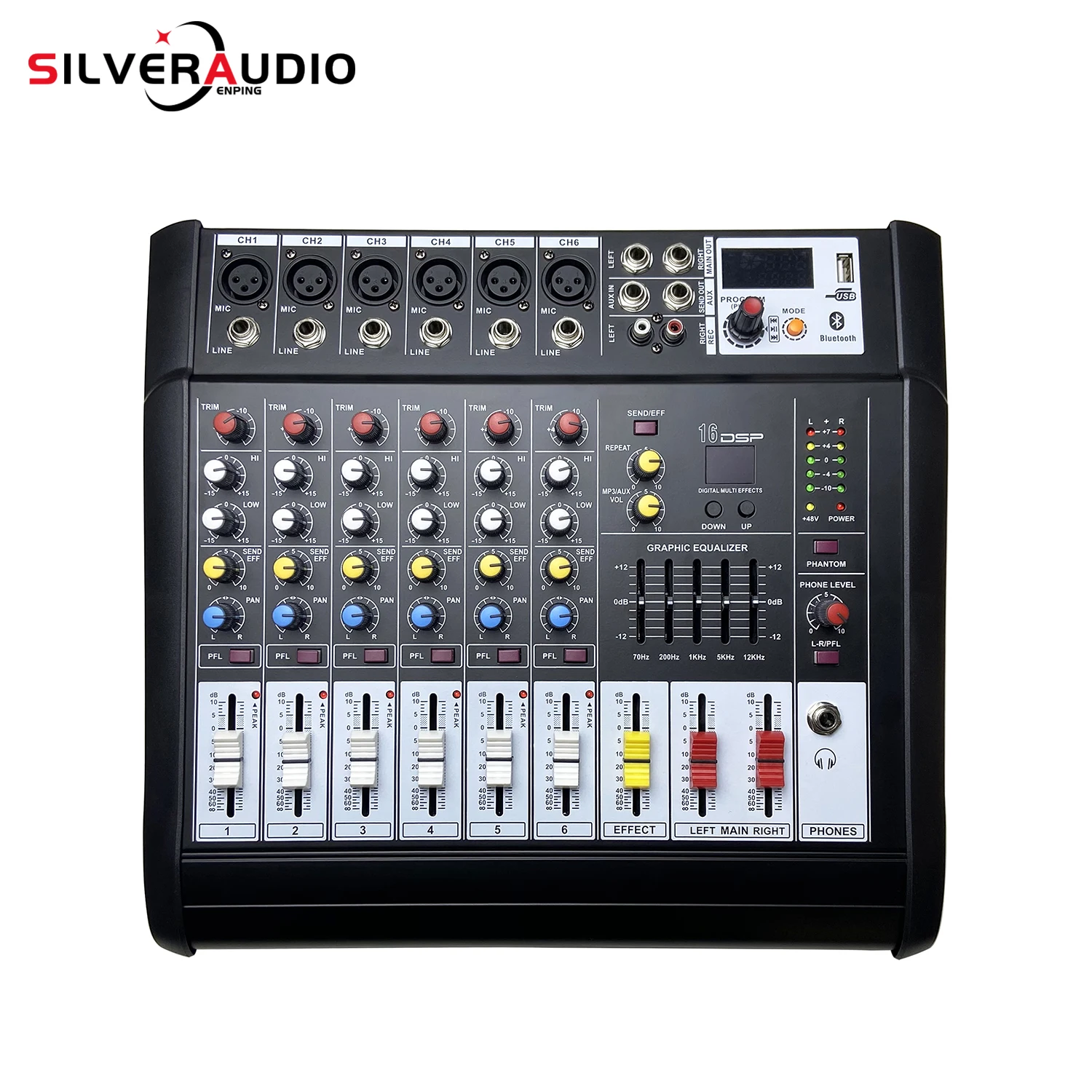 GAX-602D 팬텀 파워 6 채널 앰프, DJ 가라오케 오디오 믹서 지지대, 퍼포먼스 패밀리용 USB 메모리 카드, 48V