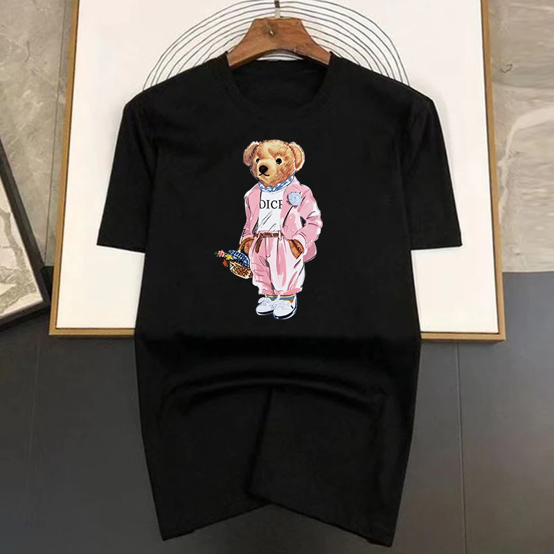 

Pink Suit Bear Print Summer High Quality Luxury T-shirt Men Women Cotton Short Sleeve Casual Fashion Tees Oversized Streetwear
