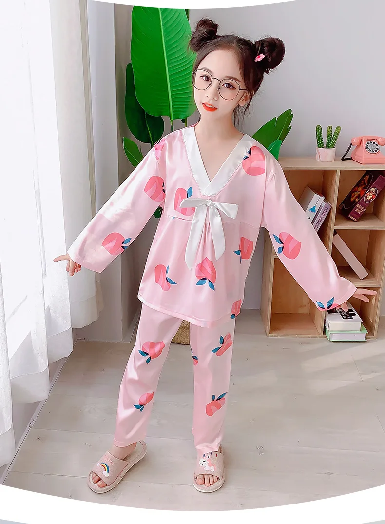 Children's Pajamas Long Sleeved Spring And Summer Baby Homewear Colthes Ice Silk Girls Sleep Wear Clothes 3-15Y Kids Clothes elegant pajama sets