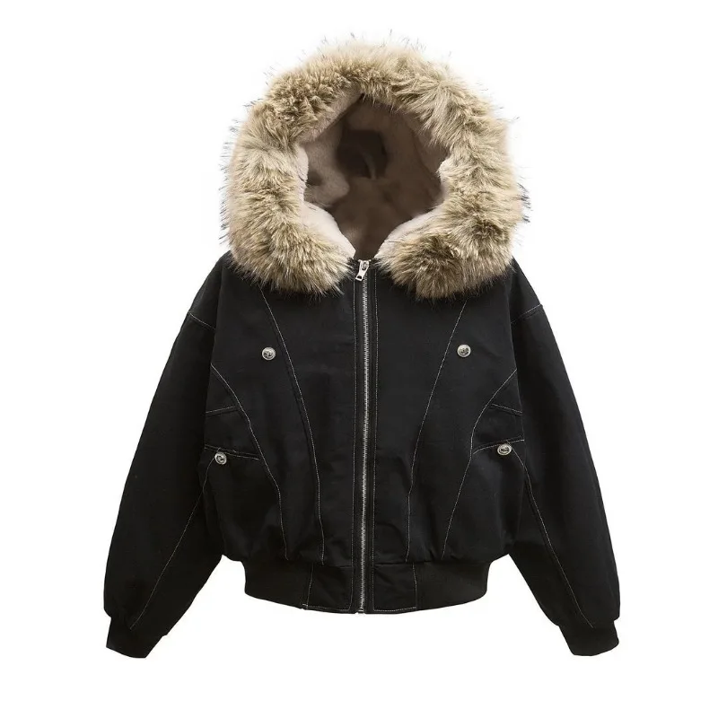 Fur Collar Hooded Cotton-padded Jacket Men And Women American Cleanfit Y2K Hip Hop Harajuku Vintage cotton jacket,parka coat,parkas coat