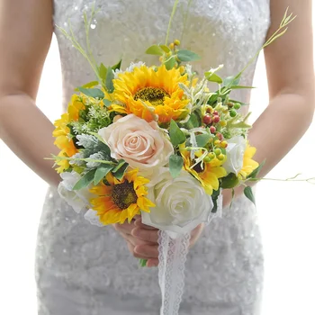 Forniture per matrimoni fiore di sole girasole che tiene fiori fiore artificiale rosa Bouquet da sposa decorazione Bouquet di fiori