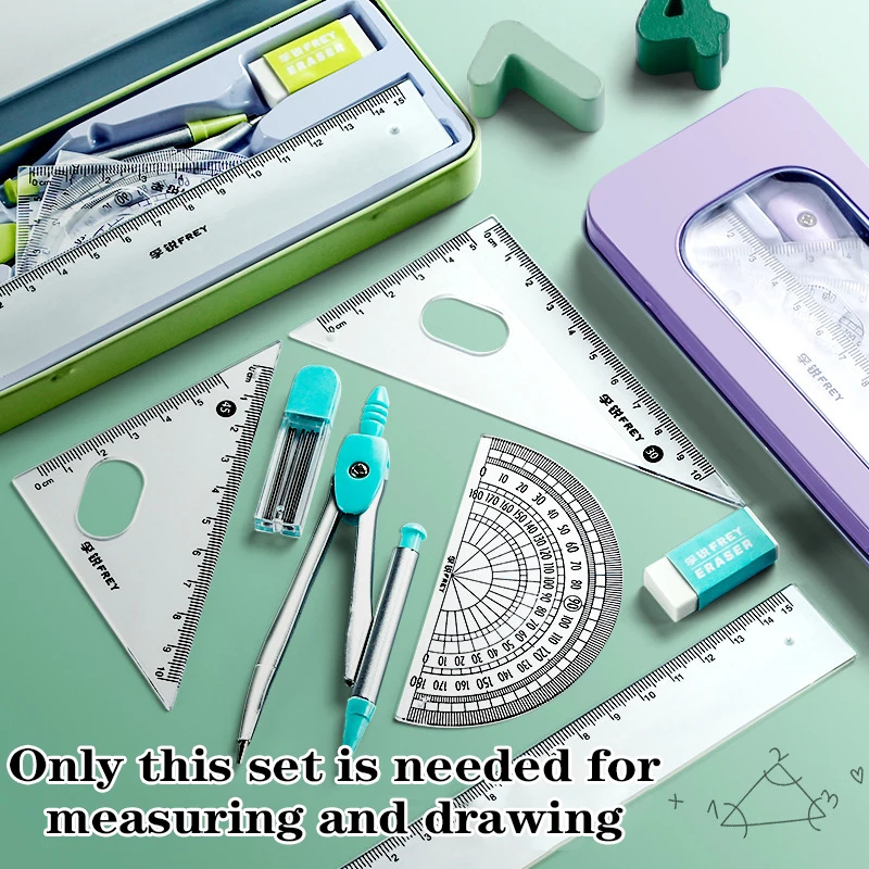 7pcs Mathematical Set Kawaii geometric Ruler Compass School Supplies Cute Student Architecture Math Drawing Stationery