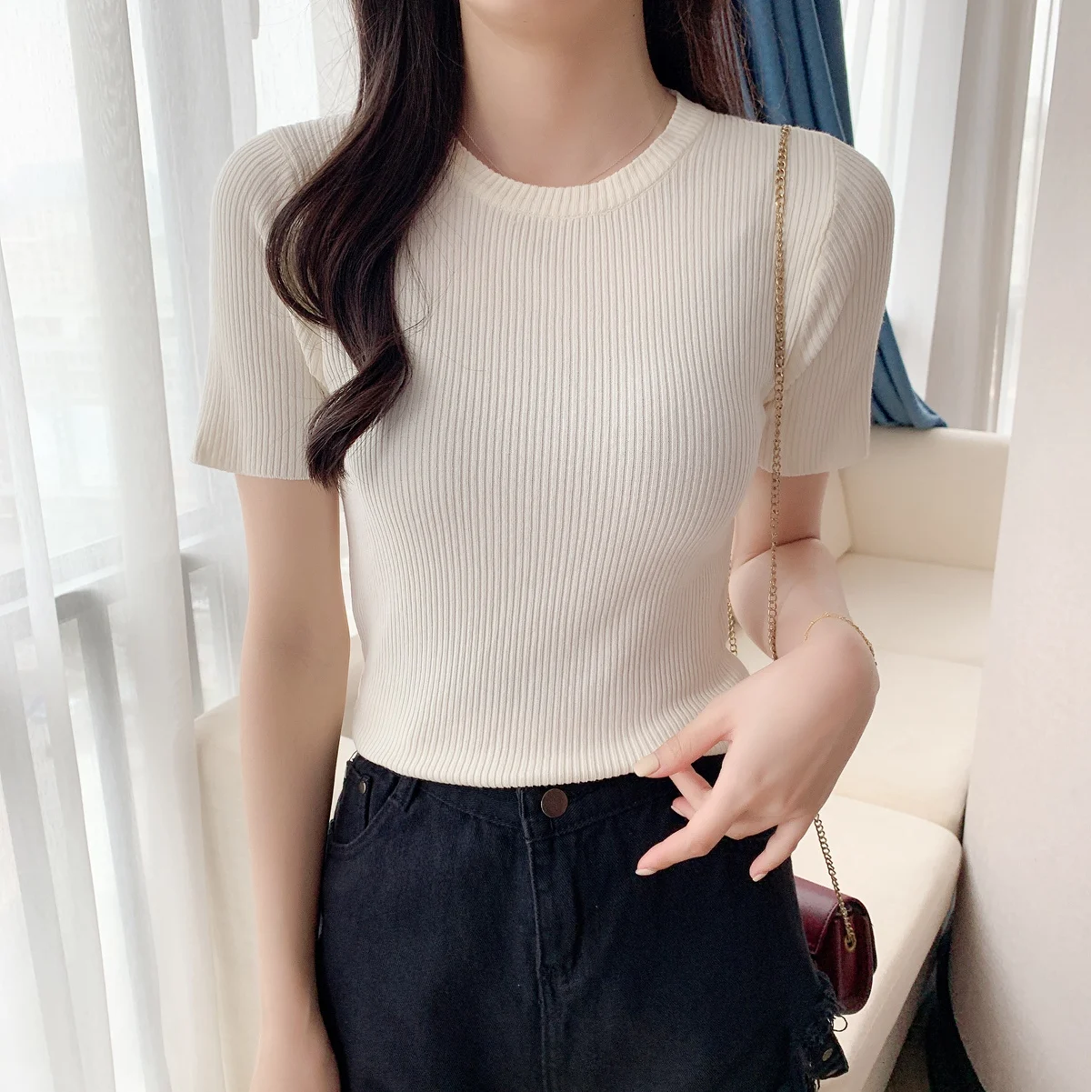 

O Neck Short Sleeve Shirt Women Summer Bottoming Shirt Cropped Tops 2024 Ice Silk Casual Slim Basic Woman Tops T Shirts M26