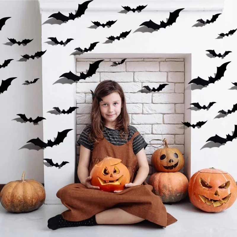 12/24pcs 3D Black PVC Bat Bar Wall Sticker Halloween Party Scary Props Wall Sticker Halloween Party DIY Decor Room Decoration