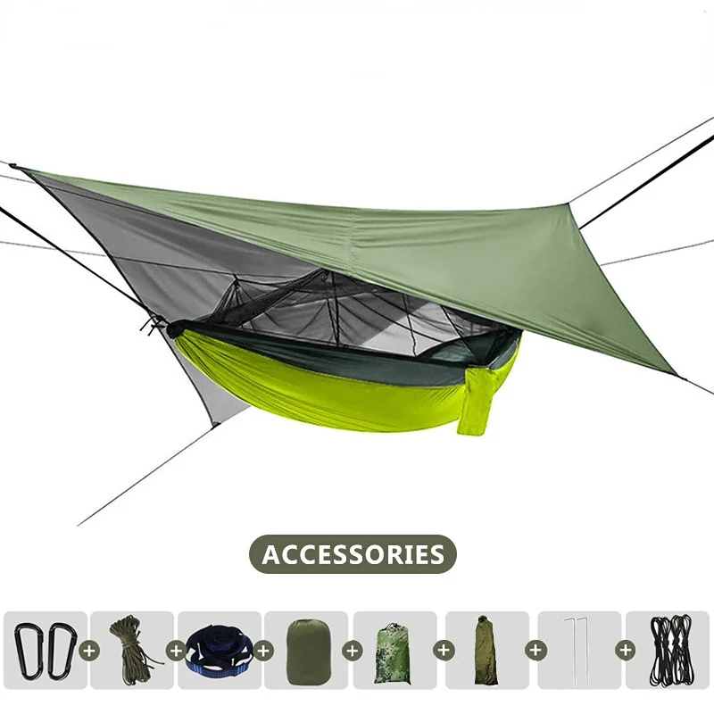 Outdoor Double Camping Hammock with Mosquito Net and Rain Fly Tarp Lightweight Parachute Hammocks for Travel Hiking 260x140cm