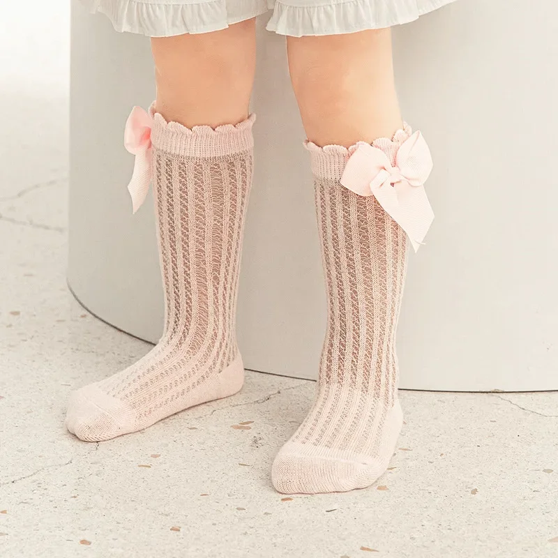 Children Socks Thin Kids Knee High Socks Baby Girls Boys Bow Long Sock Soft Cotton Mesh Breathable for 0-3 Years