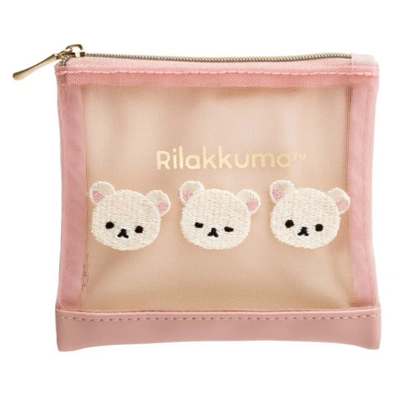 Kawaii Rilakkuma Storage Bag Peripheral Mini Organizer Mesh Transparent Storage Stationery Card Bag Decor Kawaii Gifts