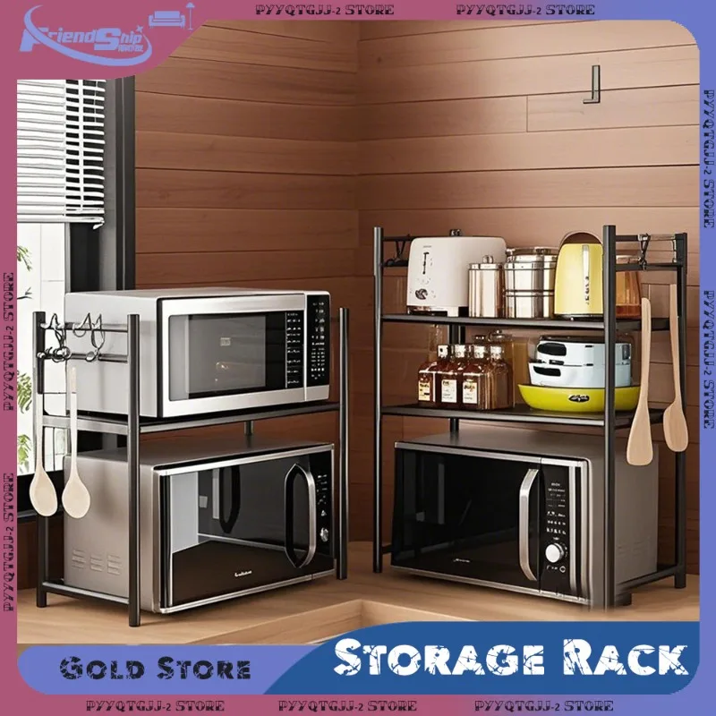 2/3 Layers Kitchen Storage Rack Space Saving Simple Microwave Shelf with With Hooks for Pantry Cabinet Countertop Home Organizer