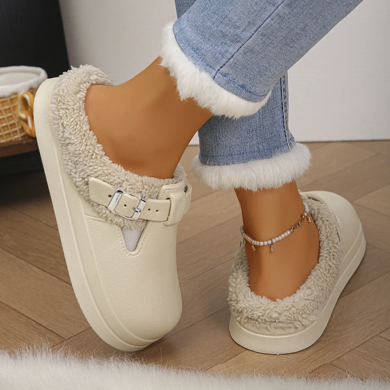Waterproof EVA Furry Mules Slippers Women Metal Buckle