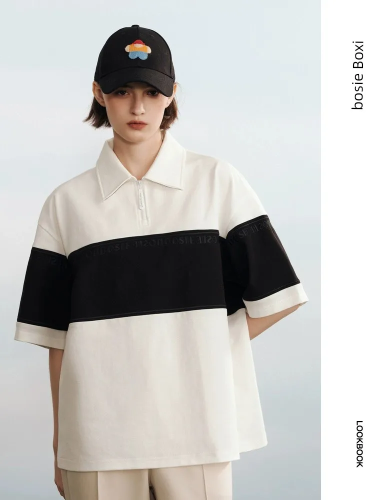 

Fashionable Summer Couple Black And White Loose Short Sleeved POLO Shirt