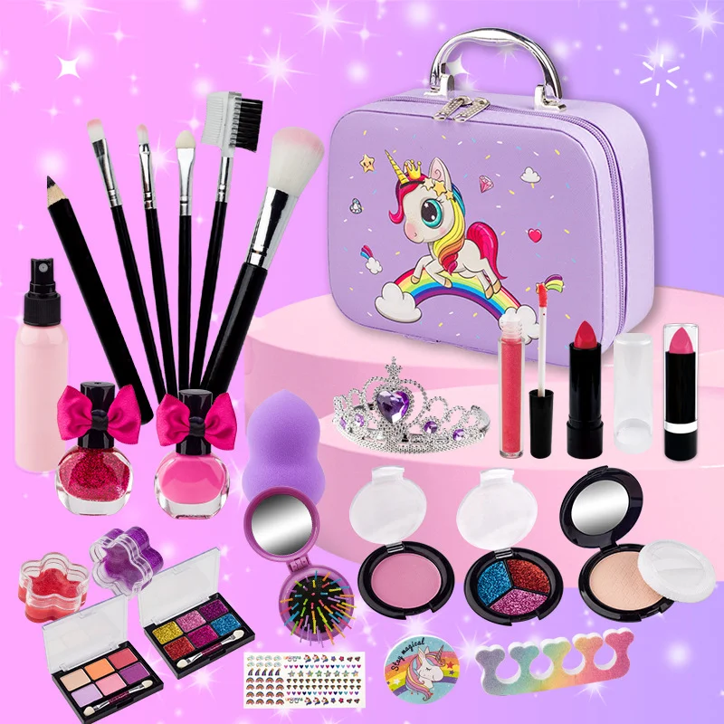 Kid Safe Girl Makeup Kit Set Unicorn Mermaid Box Pretend Role Play Beauty Cosmetic Bag Lipstick Nail Polish Washable Gift Toy 6