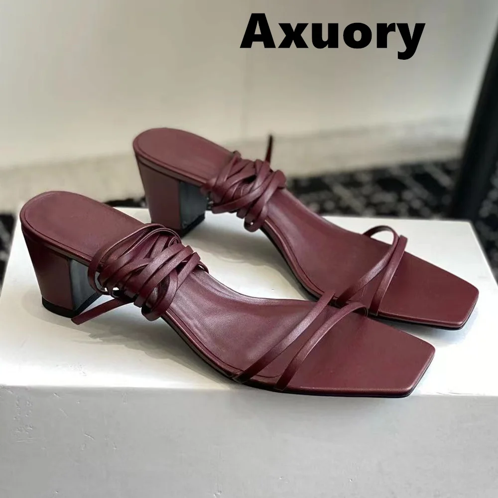 

2024 New Women's sandal Sexy ribbons Solid Color simple style Square head Luxury Design Genuine Leather thick with