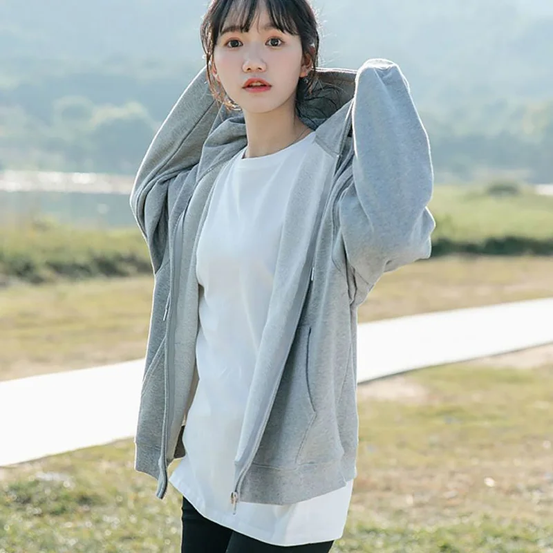 Sweatshirt Hoodie Oversize Hooded Cardigan Sweatshirts Gray Women Clothes Solid Zip Up Hoodies Spring Women Tops Long Sleeves