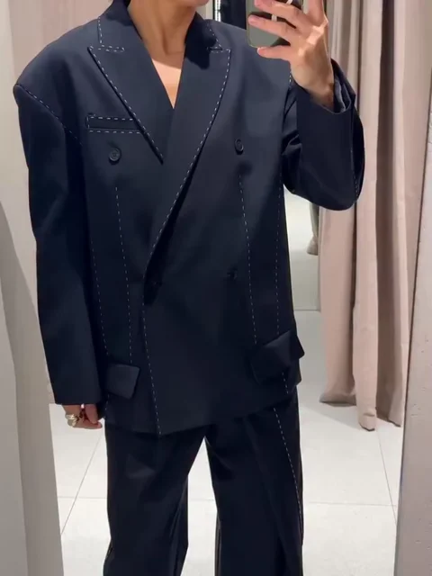 Blazer chic pour femme, col rabattu, manches longues, double boutonnage, blazers féminins, nouvelle mode printemps 2026, élégant manteau pour femme 1