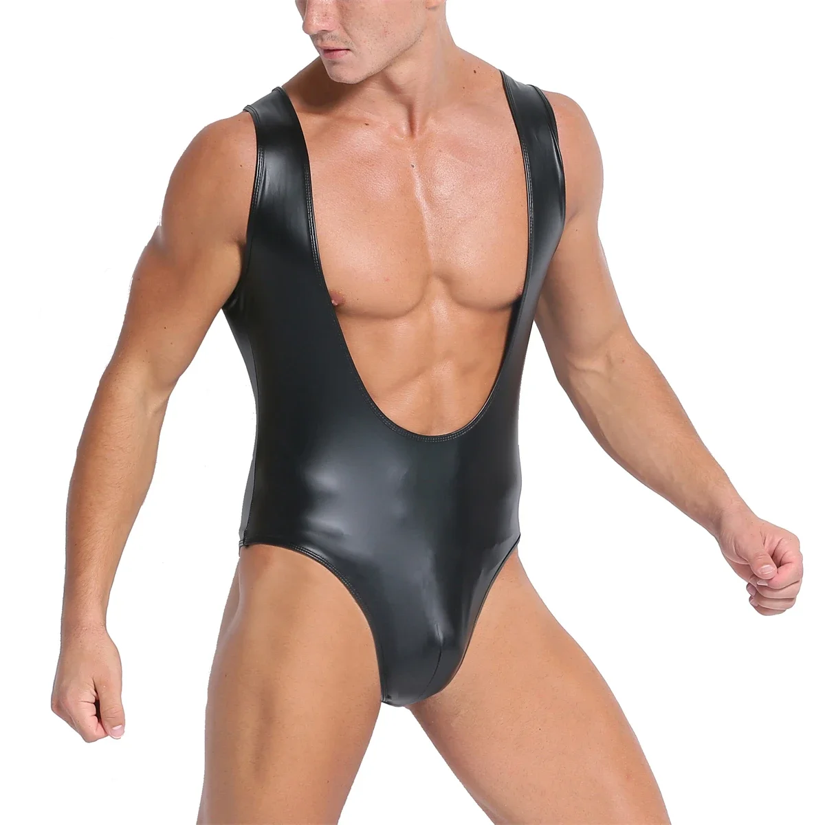 Mens Sexy Faux Leather Leotard One-piece Bodysuit Wrestling Singlet Gay Jumpsuits Deep U-neck Male Undershirts Rompers Underwear