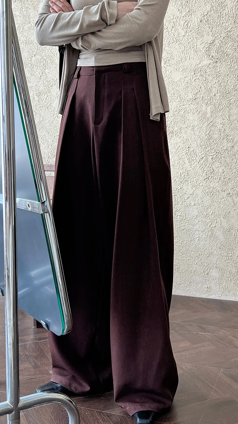[LANMREM] Pleated High Waist  Wide Leg Pants For Women Solid Straight Office Lady Loose Trousers Female 2025 Autumn New 26C291