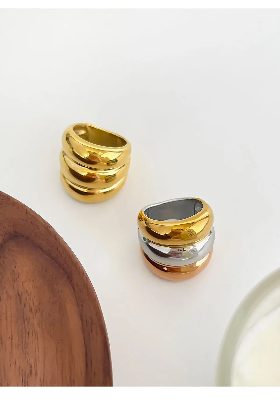GHIDBK Golden Silver Color Rose Golden 3 Splicing Color Chunky Dome Rings Women Trendy Romantic Waterproof Jewelry Party Gift