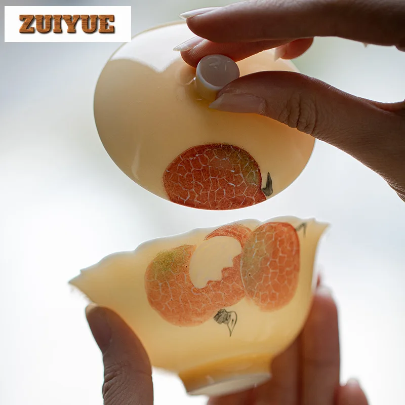 Apricot Yellow Cover Bowl Hand Painted Lychee Bowl Anti Scald Gaiwan Elegant Tea Tureen Tea Cup 120ml Chinese Set Ornaments