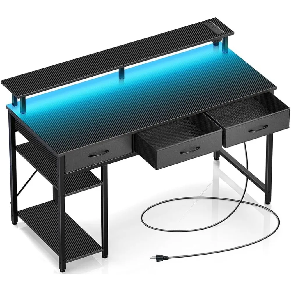 [47 Inch Home Office Desk With 3 Drawers and Storage Shelves Computer Desk With Power Outlets & LED Light Furnitures Room Desks]