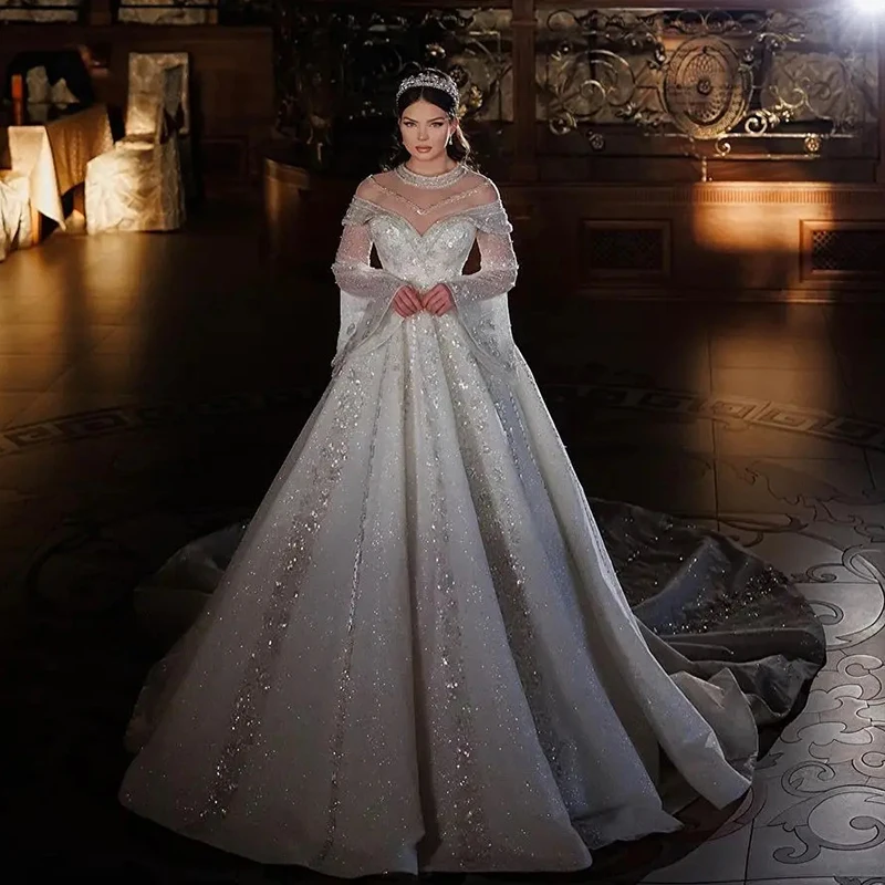 

Luxury O-Neck Wedding Dresses Gorgeous Sequined Bridal Gown A-Line Full Sleeves Cathedral Train Custom-Made Vestidos De Novia