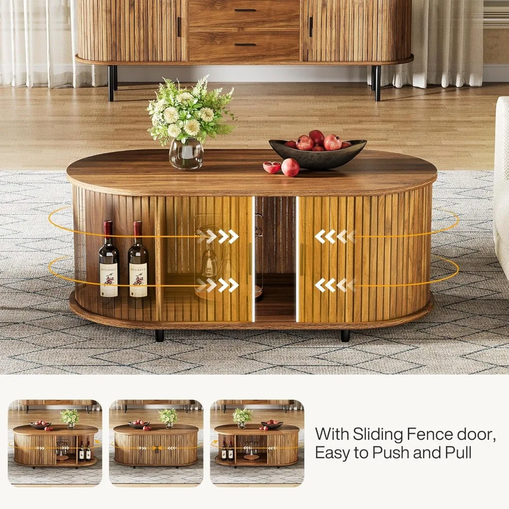 Coffee Table with Storage, 47.24" Farmhouse Wood Oval Center Table, 2-Tier Tea Cocktail Table with Sliding Door for Living Room 3