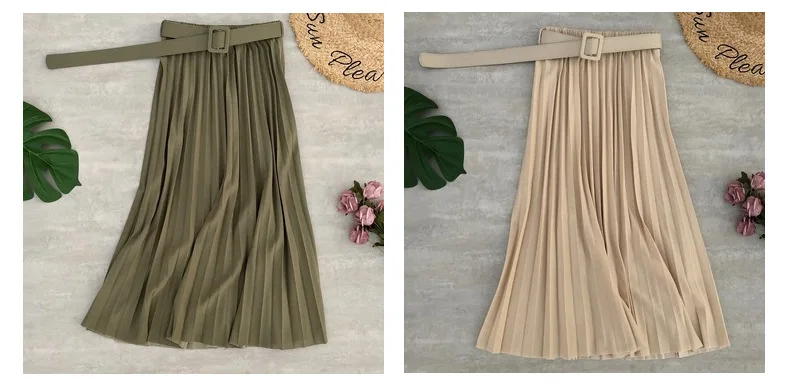 midi skirt PEONFLY New Women Fashion Belt Solid Color Pleated Midi Skirts Faldas Mujer Ladies Elegant High Waist Retro Casual Skirts golf skirt