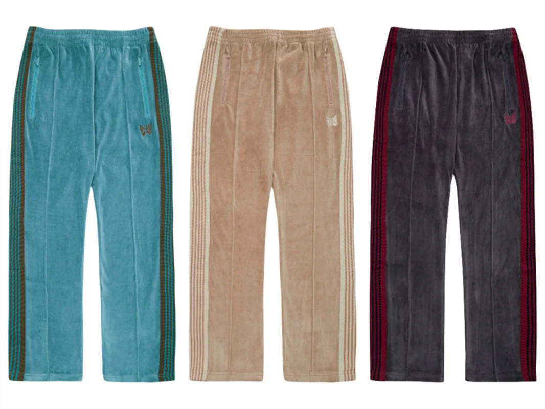 

2023fw Velvet Stripe Needles Sweatpants Men Women 1:1 Best Quality Embroidery Butterfly Trousers AWGE Pants