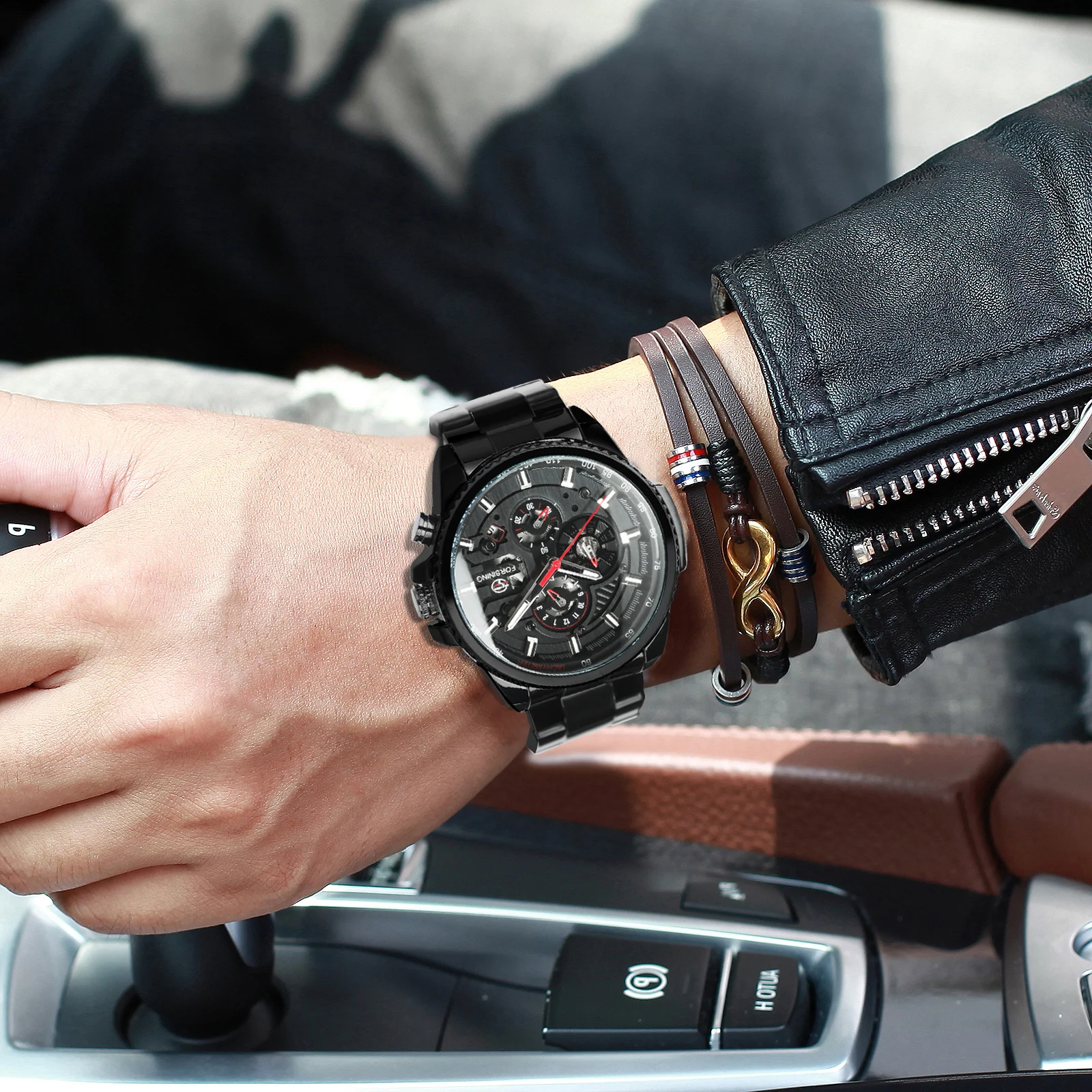 Forsining-Montres-bracelets de sport mécaniques pour hommes, cadrans multifonctions, mains Shoes, montre automatique militaire, bracelet en acier de luxe