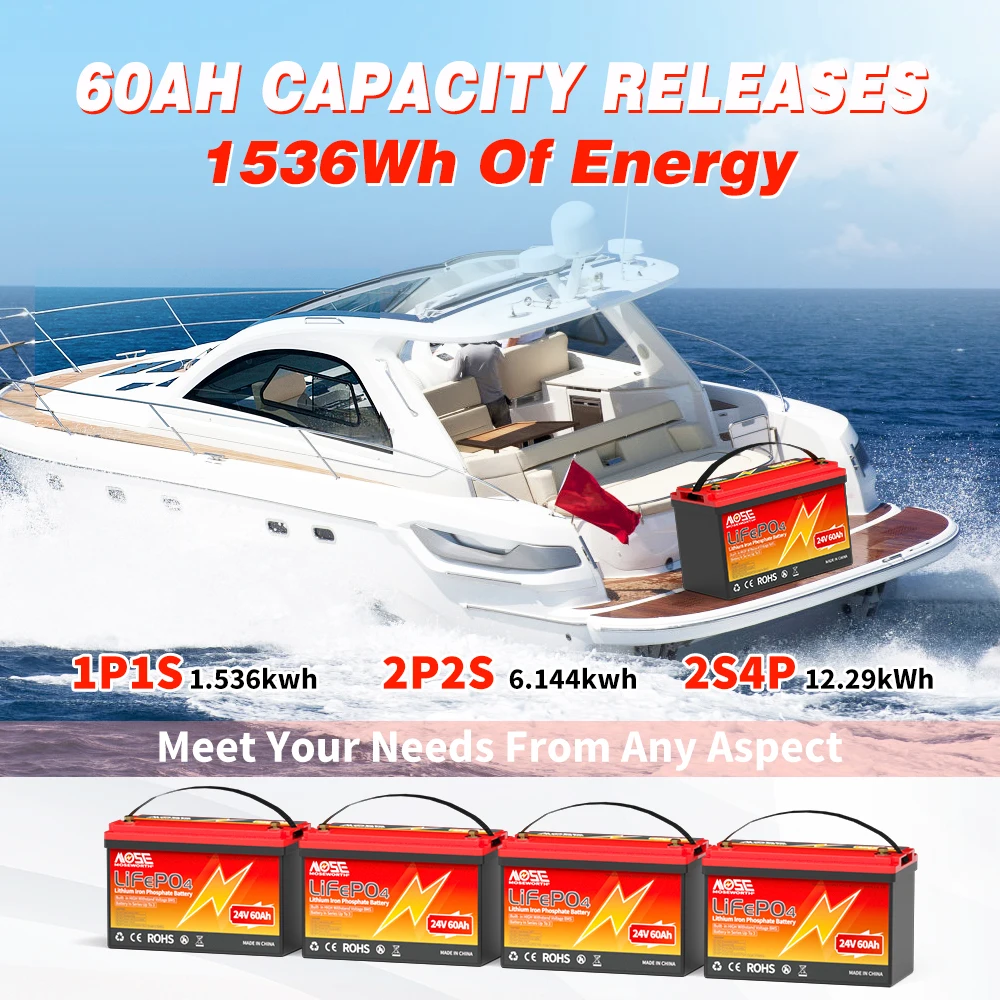 MOSEWORTH 24V 60Ah LiFePO4-Batterie, wiederaufladbare Lithiumbatterien mit BMS 5000+ Deep Cycles für Marine-RV-Camper, Solar-Bateria – Detail 4