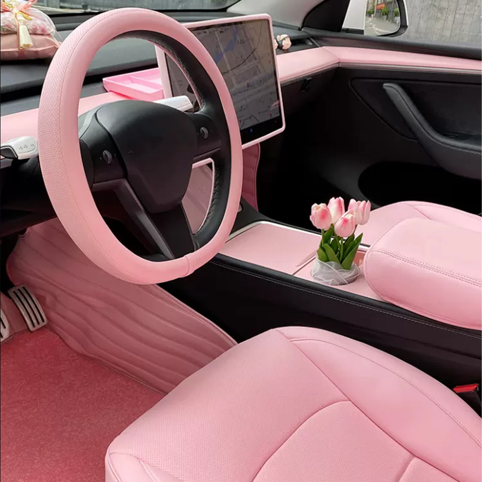 Tesla Model 3 Y Pink Center Console Storage Box Protective Trim Steering Wheel Screen Side Cover Armrest Cover Water Cup Limiter
