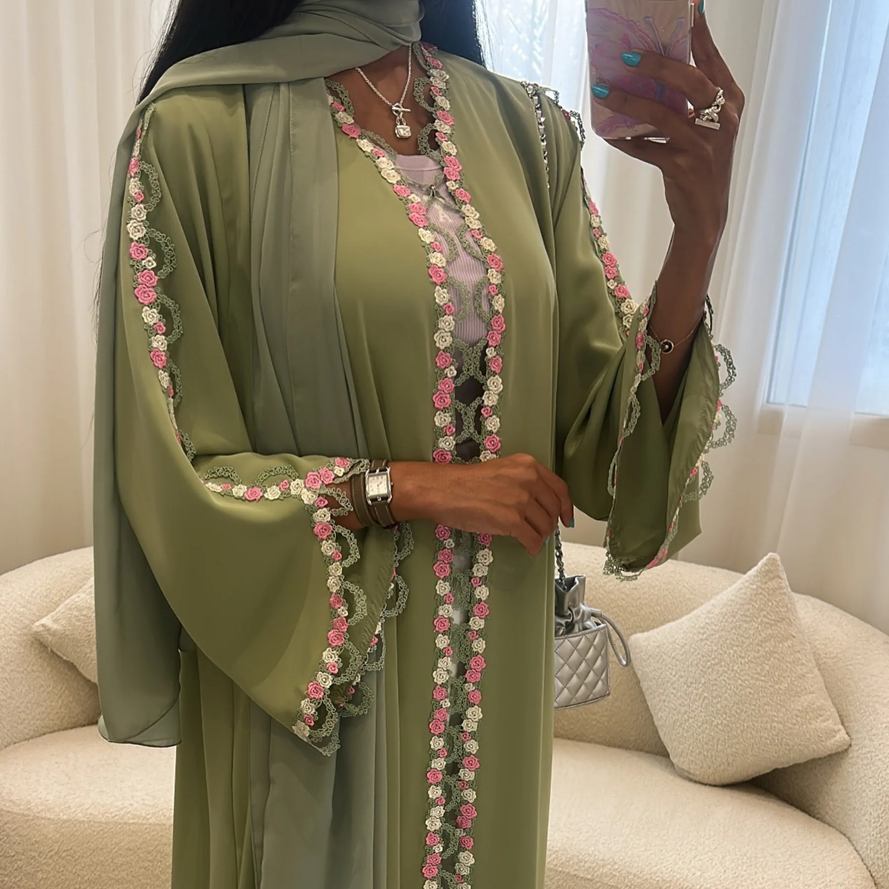 Muslim Women's Turkish Solid Color Open Front Abaya with Floral Embroidery - Elegant Modest Long Coat, view 3