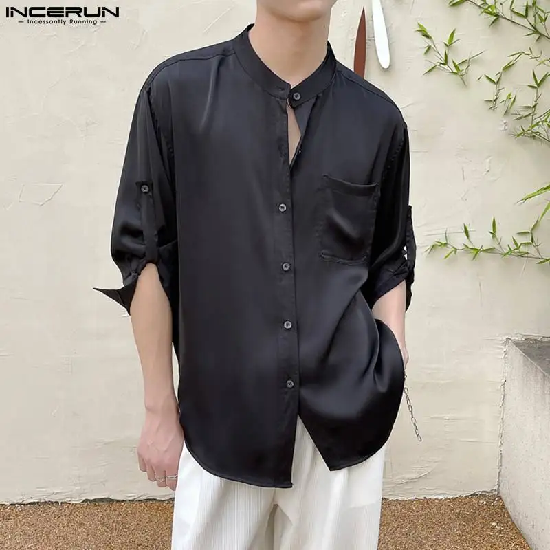 Handsome Well Fitting INCERUN Mens Fashion Solid All-match Comfortable Satin Shirts Casual Streetwear Medium Sleeve Blouse S-5XL