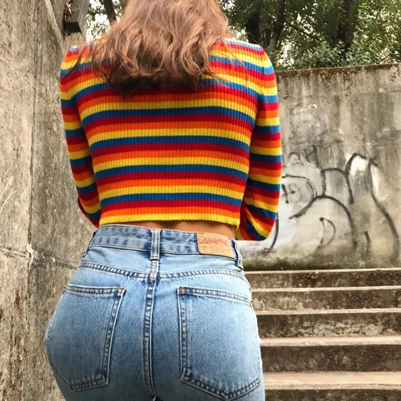 

Womens Autumn Long Sleeve Turtleneck Sweater Colorful Rainbow Stripes Short Crop Dropship