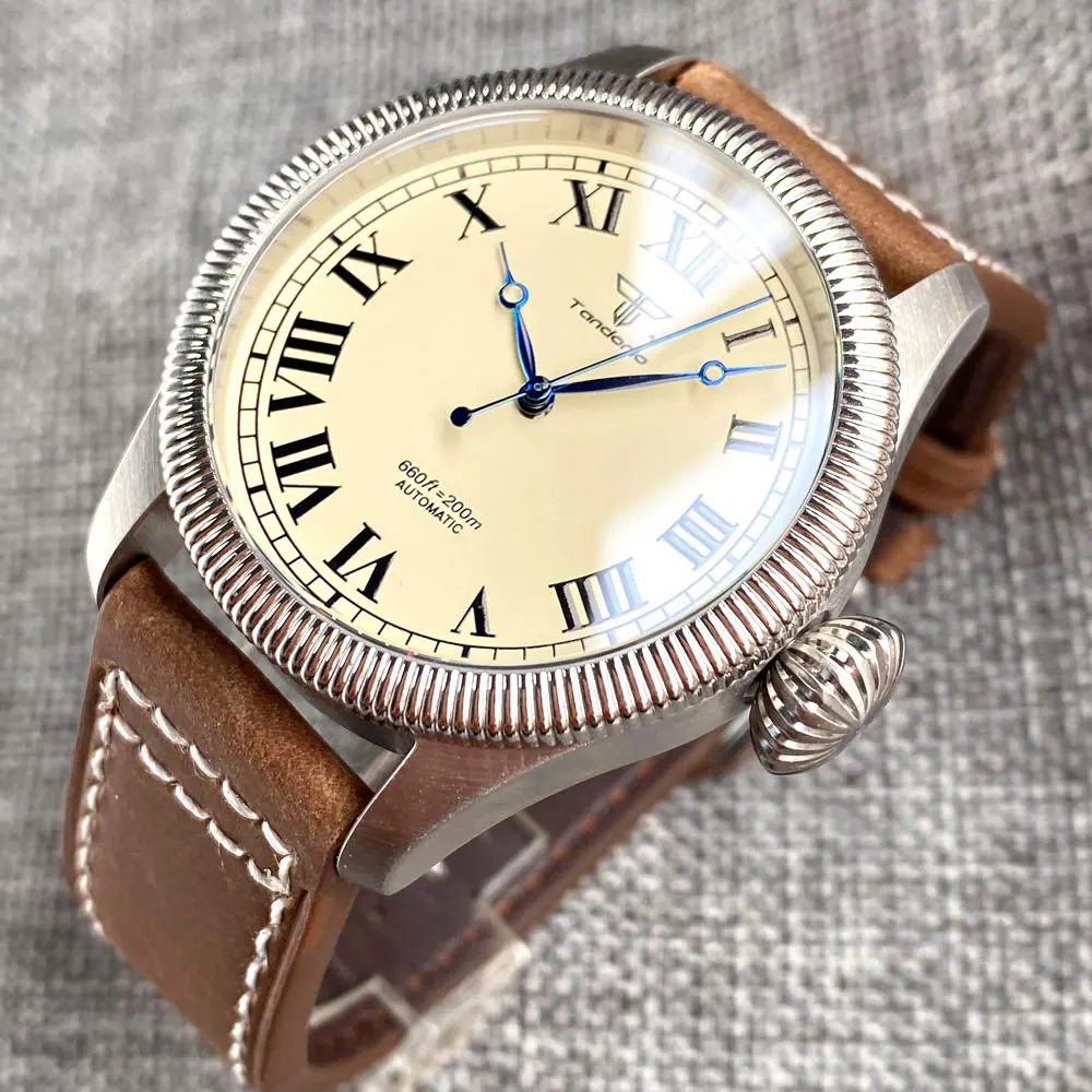Tandorio Vintage Retro Diver Field Automatic Watch Men NH35 PT5000 Movt Roman Numbers Big Crown Waterproof 39mm Reloj Hombre