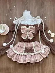 Japanese Vintage - Inspired Retro Lace Camisole Dress and Black Cardigan Set - Chic & Elegant Fashion - M (1739 brown)