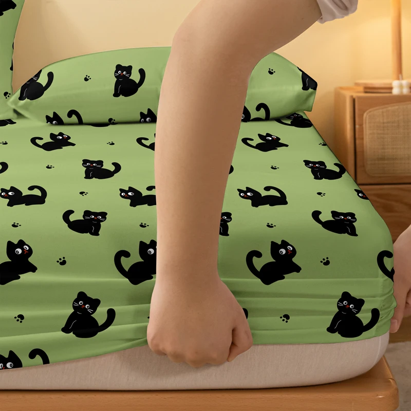 1 Cartoon Cute animal cat printed matte Fitted Sheet, bedroom printed bed cover, bedding (excluding pillowcases) 4
