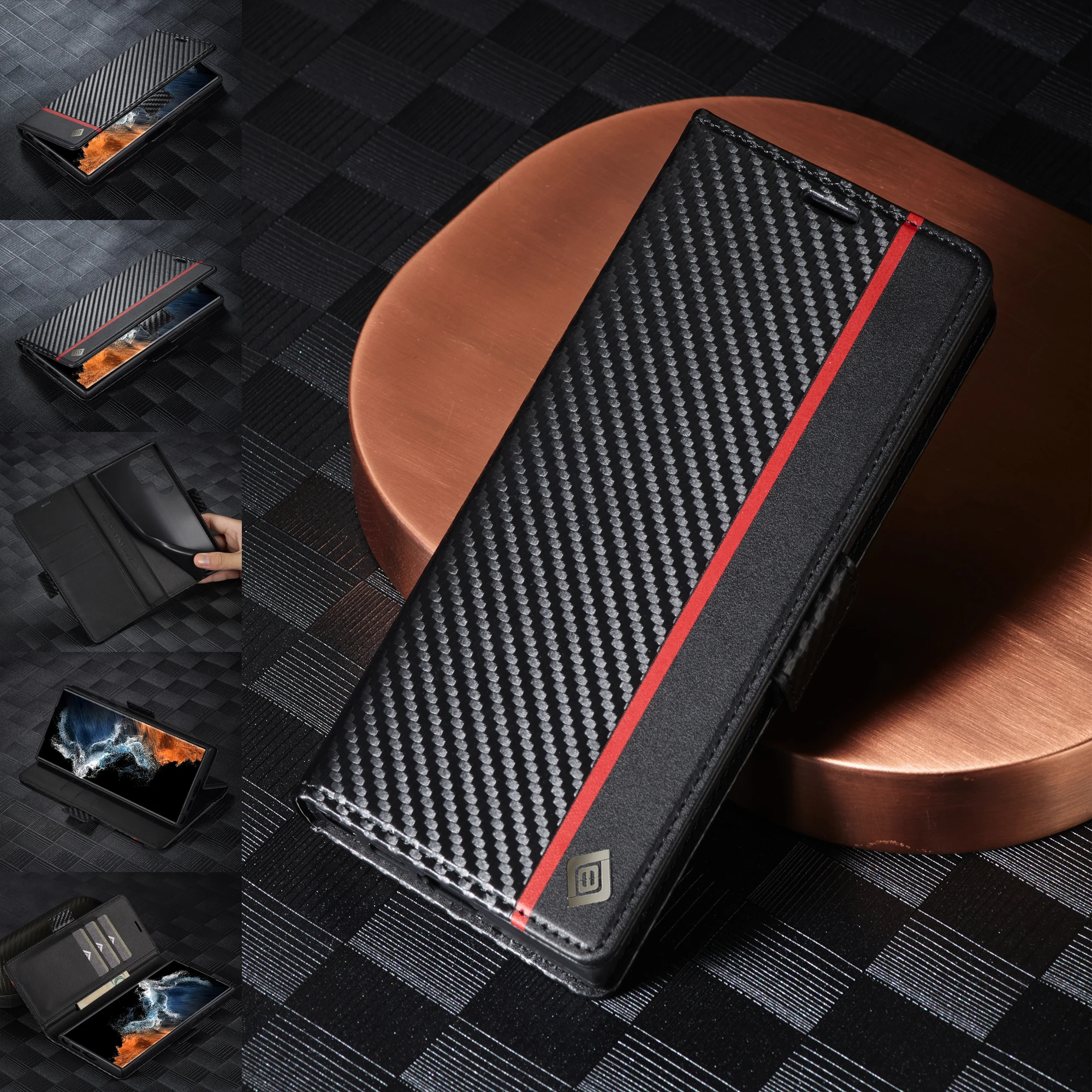 탄소 섬유 가죽 케이스, 삼성 갤럭시 S24 울트라 S23 S22 S21 S20 S10 S9 S8 플러스 S23 FE 노트 20 울트라 플립 지갑 커버 