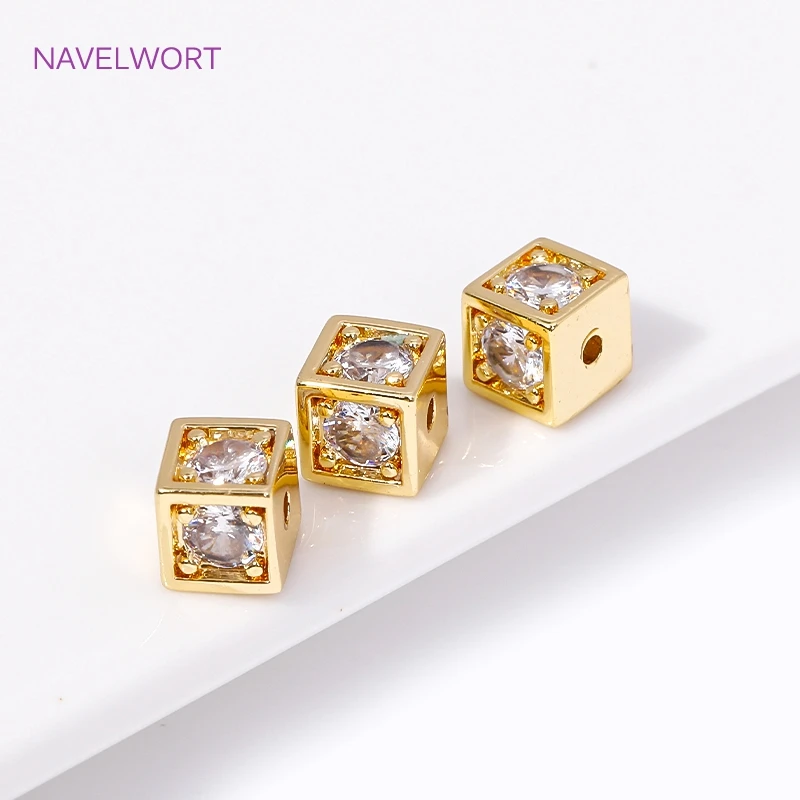 18K Gold Plating Inlay Zircon Square Shape Spacer Beads Brass Metal Separator Beads For DIY Bracelet Jewelry Making Accessories