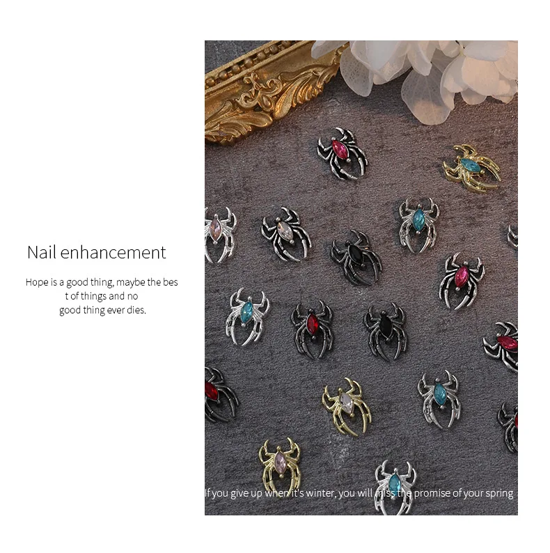 10 piezas de aleación de lujo 3D araña uñas arte encantos gótico punk oro/plata araña uñas joyería pieza para Halloween DIY manicura suministros